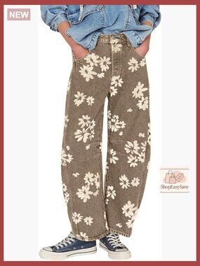 Distressed Barrel Jeans Y2K Patchwork Floral Printed Wide Leg Boyfriend Denim